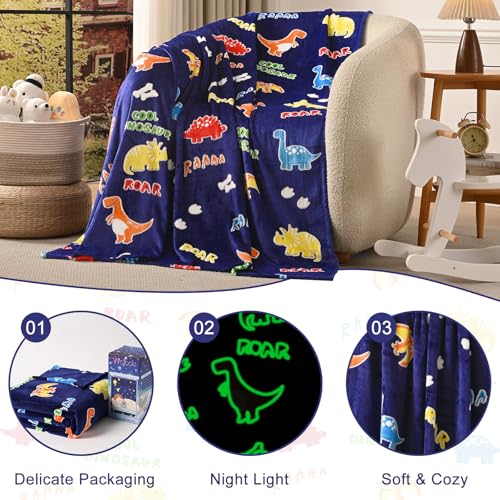Dinosaur Glow in the Dark Blanket for Kids - Soft Fleece Throw (50"x60")