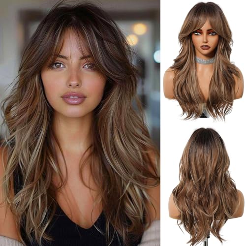 OUFEI Ombre Mixed Brown Wigs with Bangs - Natural Wavy Synthetic Hair for Women, Heat Resistant, Daily & Party Wear (Model 1261-1)