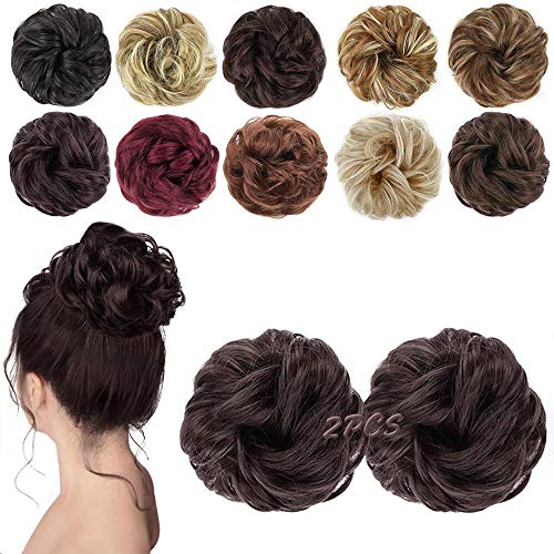 MORICA 2PCS Dark Brown Messy Bun Hair Extensions for Women, Adjustable Synthetic Hairpiece
