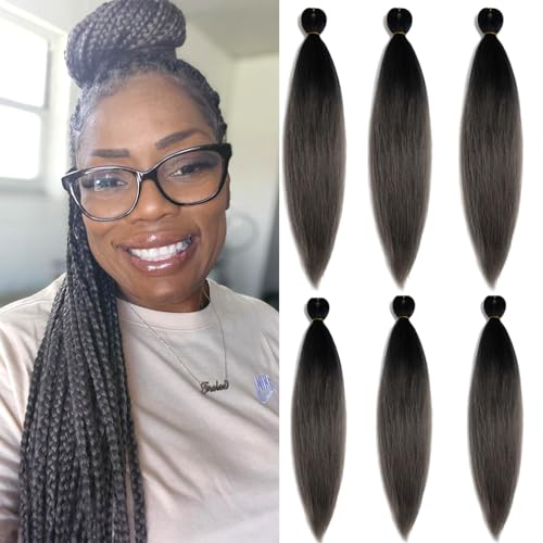 BALINGHAIR 28 Inch Pre-Stretched Braiding Hair - 6 Pack Ombre Black to Grey