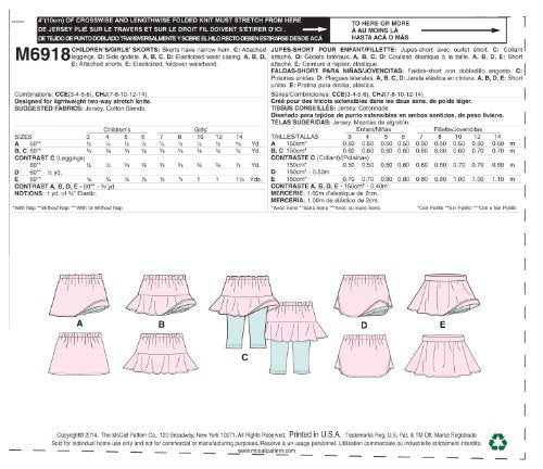 McCall M6918 Children's Skorts Pattern Size CCE (3-6)