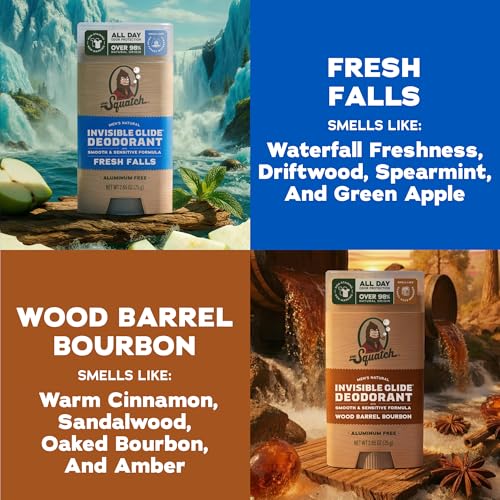 Dr. Squatch Invisible Glide Natural Men¡¯s Deodorant ? Smooth Glide, No Stains ? Aluminum Free Deodorant Men ? Safe for Sensitive Skin ? Fresh Falls + Wood Barrel Bourbon ? 2.65oz (2-Pack)