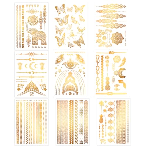 Gold Metallic Temporary Tattoos for Face & Body - 9 Sheets for Festivals & Parties