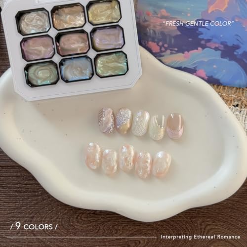 GAOY 9-Piece Pearl Finish Nail Art Gel Set for Micro 3D Embossed and Chrome Designs