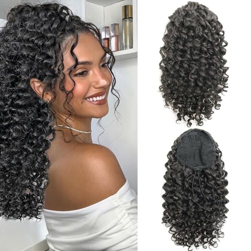 HiTuMyPi 10 Inch Natural Black Curly Drawstring Ponytail Extension for Black Women