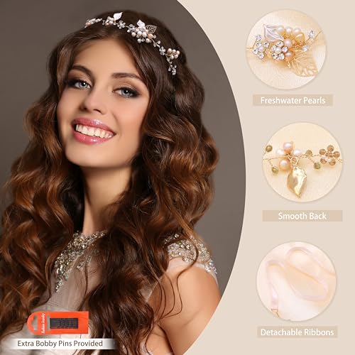 Oriamour Bridal Crystal Headband with Freshwater Pearls - Gold Wedding Hair