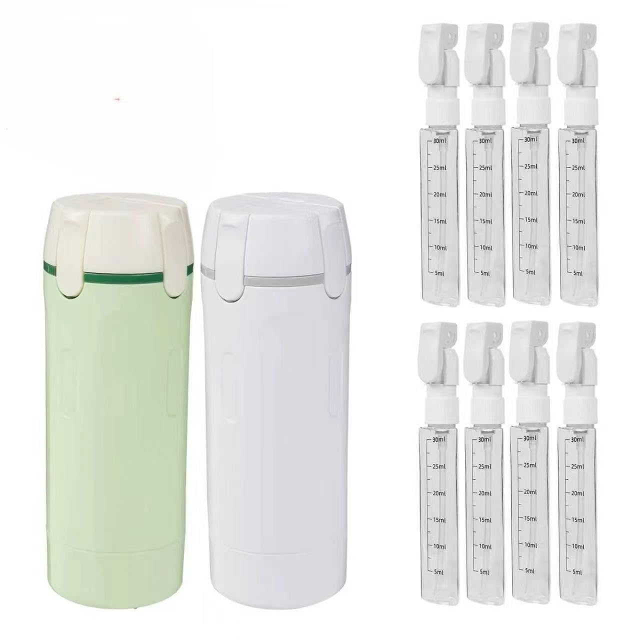 4 in 1 Travel Dispenser Bottle - Refillable Leak Proof and Portable for Shampoo, Conditioner, Shower Gel & Toiletries - Perfect for Vacation, Camping & Gym. (White+Green)