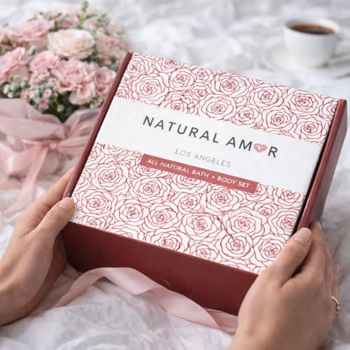 Natural Amor Rose Spa Gift Set for Women - 5-Piece Self Care Bath Box