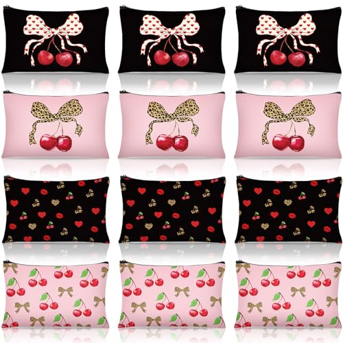 12 Pcs Cherry Bow Makeup Bag Set - Canvas Leopard Cosmetic Pouch 9x6 Inches