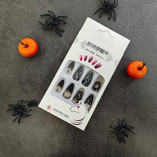 Halloween Black Almond Press On Nails with Skull & Rose Design, Glossy Acrylic Fake Nails, 24 Pack