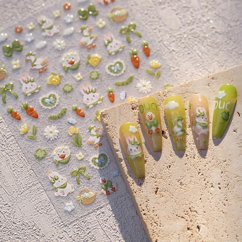 KEHKFSEF Easter Nail Stickers 12 Sheets Cute Rabbit Duck 5D Embossed Spring Nail Art