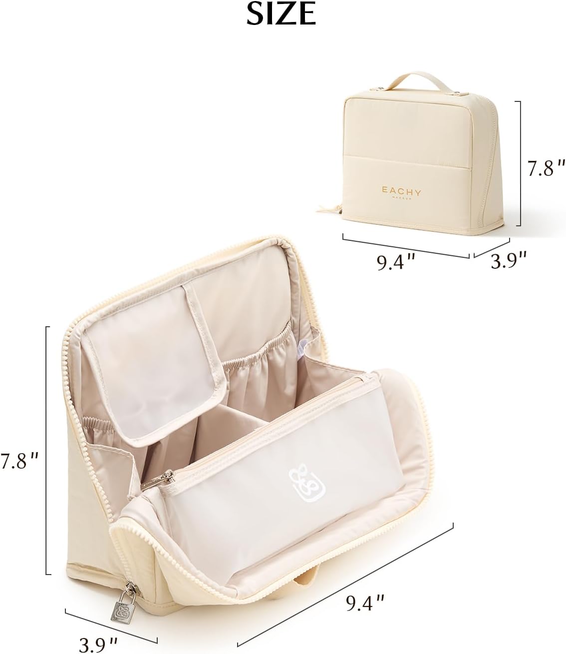 Large Waterproof Makeup Bag - EACHY Cosmetic Organizer with Phone Holder & Detachable Dividers | Wipe-Clean Brush Pouch for Women