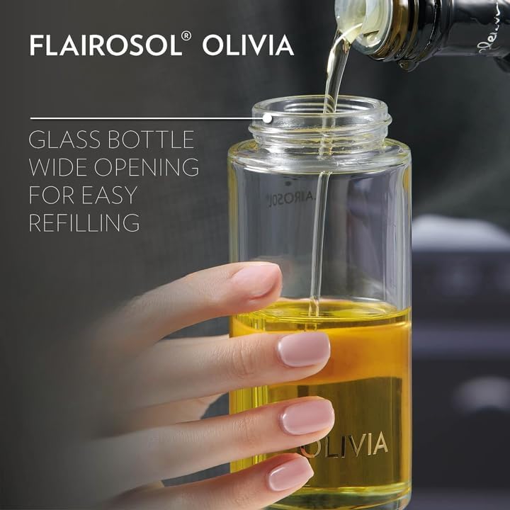 Advanced Kitchen Oil Sprayer - Flairosol Technology for Fine Mist & Portion Control | Refillable Glass Olive Oil Bottle, 130ml (Golden Leaves)