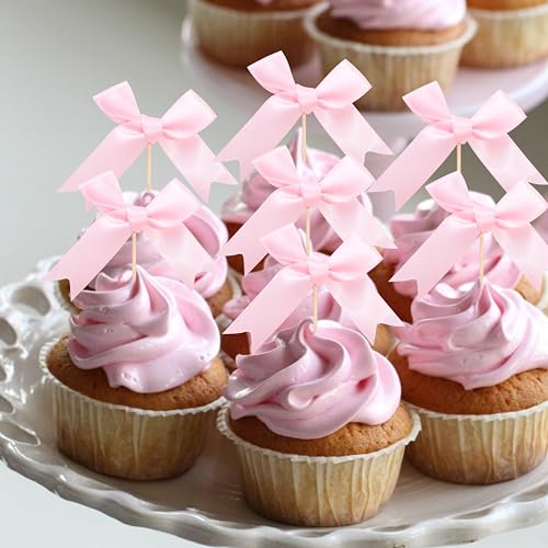 Pink Bow Cupcake Toppers for Baby Showers & Birthday Parties