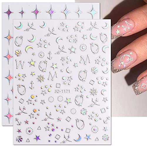 Dornail Silver Star Moon Planet Nail Stickers - 6 Sheets Holographic DIY Nail Decals