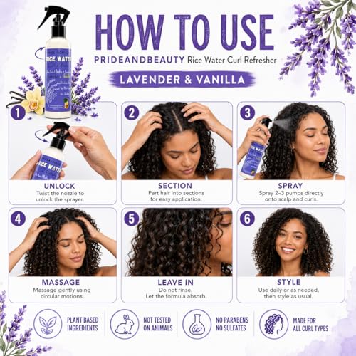 Pride and Beauty Rice Water Hair Spray, Lavender Vanilla, 8 Ounce