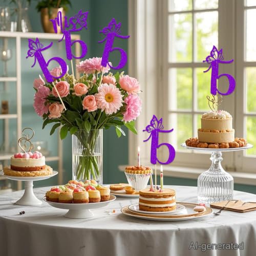 Mis 15 Birthday Centerpiece Sticks - Purple Glitter Decorations (12 Pcs)