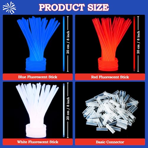 JOYIN 100 Pcs 4th of July Glow Sticks & Connectors - Red, White, Blue