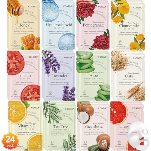 KONEUK 24 Pack Collagen Face Masks Skincare Set for Hydrating & Nourishing All Skin Types – Includes 12 Varieties