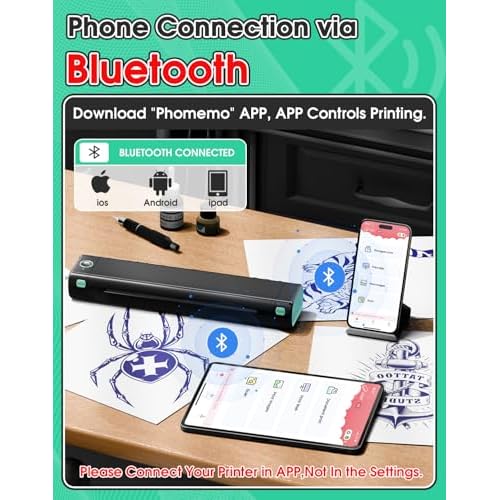 Phomemo Tattoo Stencil Printer, M08F Bluetooth Thermal Tattoo Printer with 10pcs Transfer Paper, Compatible with Phone/Tablet/PC, Tattoo Supplies for Tattoo Artist & Beginner, Black & Green