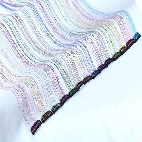 BALINGHAIR 22 Inch Lake Blue Clip-in Tinsel Hair Extensions, 12 Pcs Sparkling Glitter Hair Accessories for Women & Kids