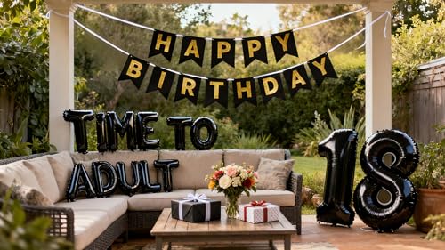 Black 18th Birthday Decorations - Time to Adult Balloons & Banner Set