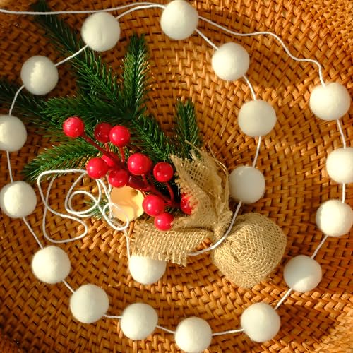 White Wool Felt Pom Pom Garland - 41.34 Inch Holiday Decor