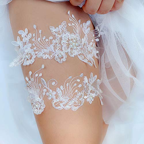 JWICOS White Bridal Garter Set 2pcs Wedding Lace Garter Belt for Women