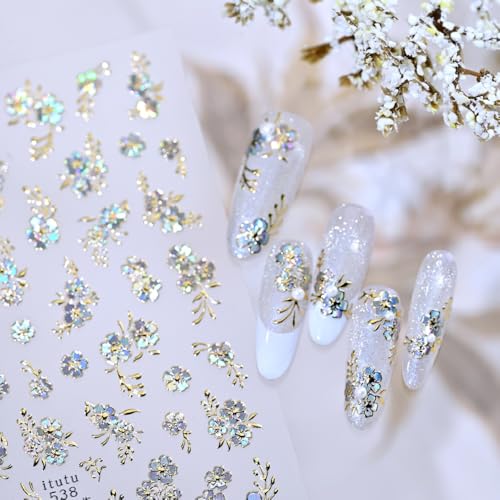 Sevgob Color A18 5D Gold Silver Floral Nail Stickers Embossed Decals for DIY Manicure