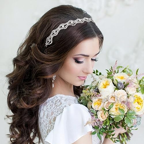 2pcs Elastic Rhinestone Wave Headbands for Women - Silver Crystal Hair Band