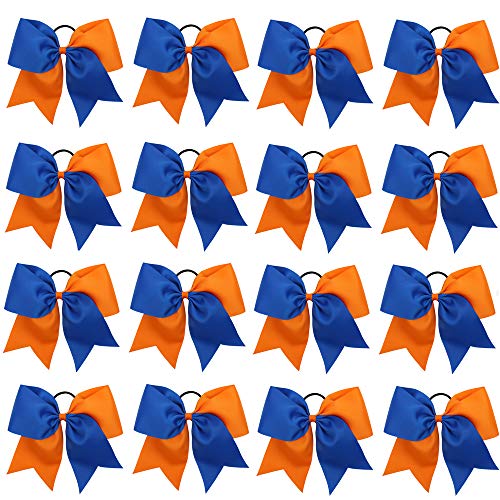 16PCS 8" Cheer Hair Bows - Royal Blue/Orange Ponytail Holders