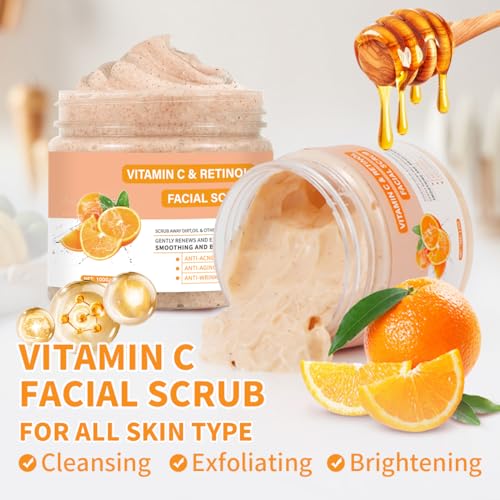 Vitamin C & Retinol Face Scrub for Deep Cleansing & Brightening - Gentle Exfoliating Facial Wash