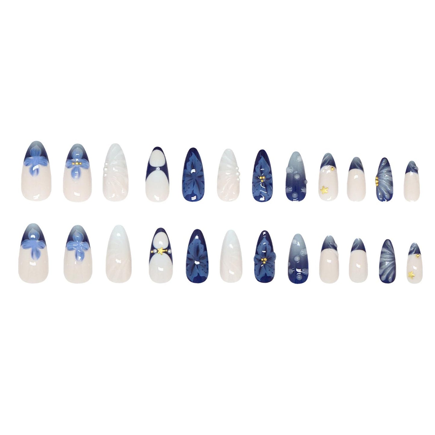 24Pcs Blue Flower Press on Nails Medium Almond French Tip Fake Nails with 3D Gold Starfish Pearls Designs Lily Flowers False Nails Blue Gradient Full Cover Cute Floral Acrylic Stick on Nails for Women