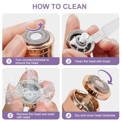 Facial Hair Removal for Women, Painless Rechargeable Hair Removal Device, Comes with 2 Replacement Heads, Portable Electric Shaver/Razor for Face, Chin, Upper Lip, arms and Peach Fuzz (Purple)