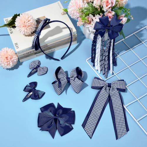 DEEKA 13-Piece Navy Blue Gingham School Hair Accessories Set for Girls
