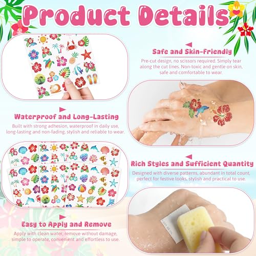 150 PCS Glitter Hawaiian Temporary Tattoos - Hibiscus & Flamingo Designs