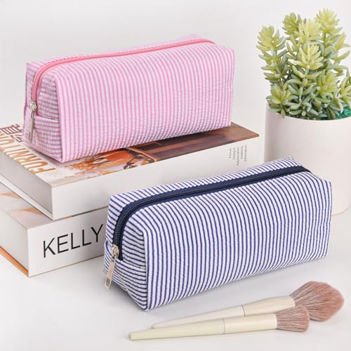 2-Piece Seersucker Makeup Bag Set - Aesthetic Cosmetic & Travel Organizer