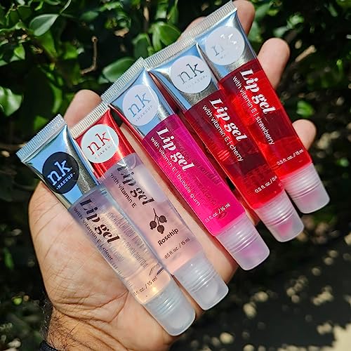 Hydrating Lip Gloss Set with Vitamin E - 5 Pack Lip Gels in Clear, Rosehip, Strawberry, Cherry & Bubble Gum