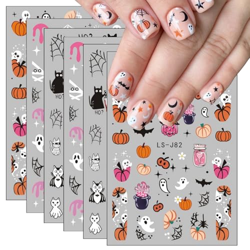 FUKIDOG Cute Halloween Nail Art Stickers Ghost Pumpkin Bat 3D Self-Adhesive Decals for Women & Kids - Halloween DIY Manicure Supplies, 6 Sheets