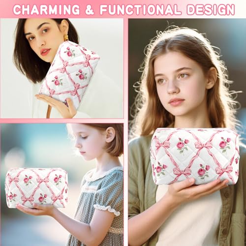 Bow Floral Cotton Quilted Makeup & Pencil Bag Set - Travel Organizer, Cosmetic & Skincare Storage