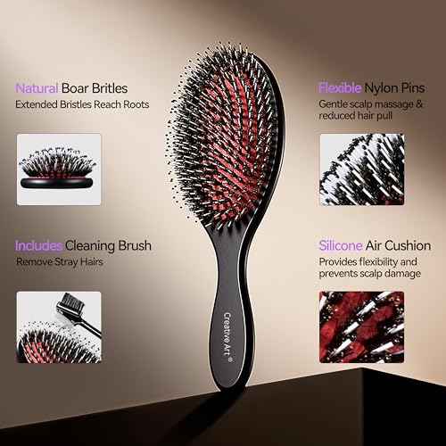 Boar Bristle Hair Brush - Black Natural Wood, Dual-Bristle for Smoothing & Shine