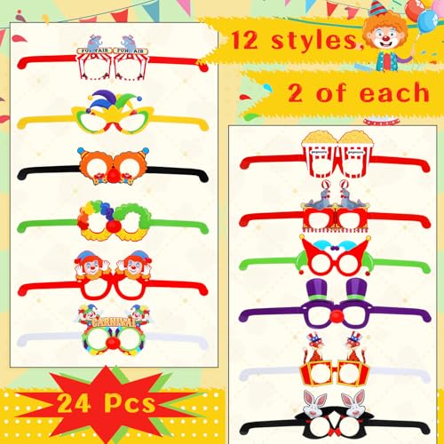 24 Pcs Circus Clown Glasses - Fun Party Favors for Birthdays
