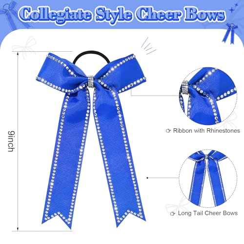 Royal Blue Cheer Bows 12 pcs Collegiate Style Rhinestone Ponytail Holders Girls Teens
