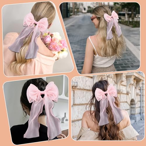 Large Pink Bow Hair Clip with Long Ribbon Tail for Women & Girls