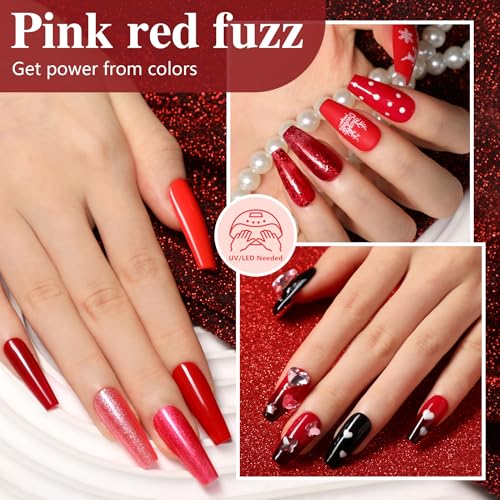 ABAC Pink Red Fuzz Gel Nail Polish Set - 12 Long-Lasting Burgundy & Glitter Colors for DIY Manicure
