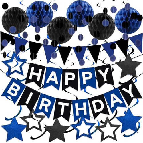 Black & Blue Birthday Decorations Kit - Happy Birthday Banner & Honeycomb Balls