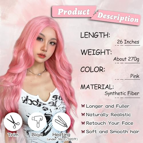 NAYOO 26 Inch Pink Wavy Synthetic Wig for Women | Heat-Resistant Cosplay & Party Wig