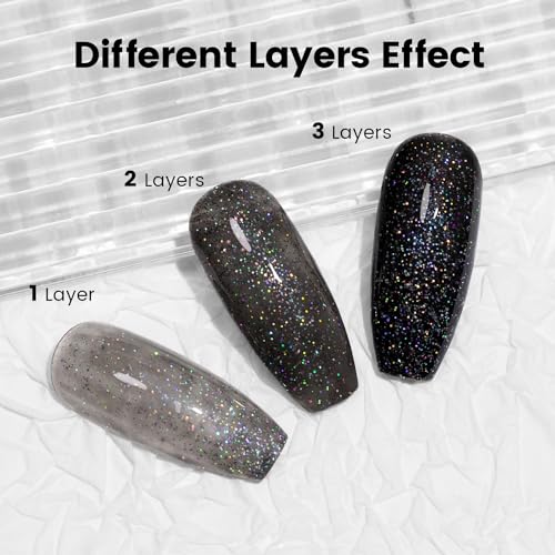 RARJSM Black Glitter Gel Nail Polish - Iridescent Rainbow Sparkle 15ML
