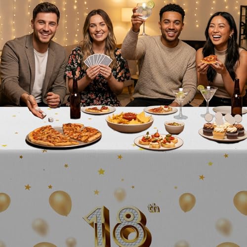 Happy 18th Birthday Tablecloth - White & Gold Glitter Design
