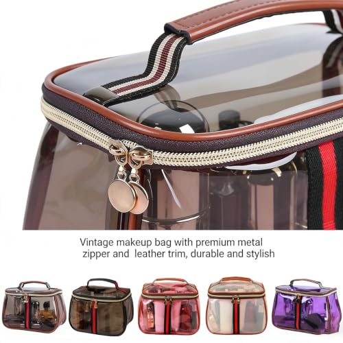 Purple Retro Vintage Vanity Bag - Clear Makeup Organizer with Handle